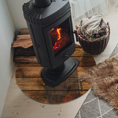 Glass hearth for stove round Wooden board with grain