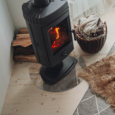 Glass hearth for stove round Leaves in subtle patterns