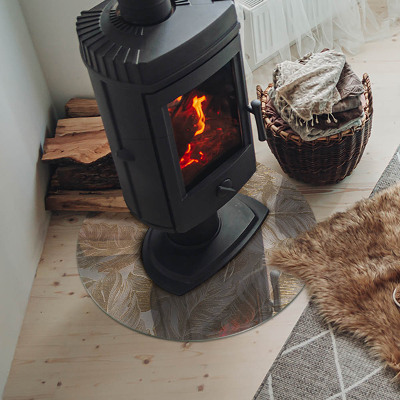 Glass hearth for stove round Leaves in subtle patterns