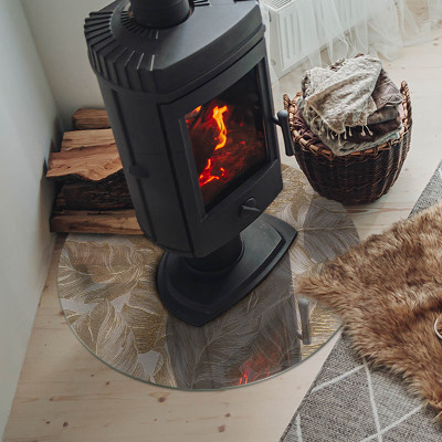 Glass hearth for stove round Leaves in subtle patterns