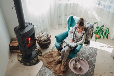 Glass hearth for stove round Geometry with wood