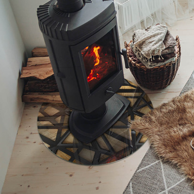 Glass hearth for stove round Geometry with wood