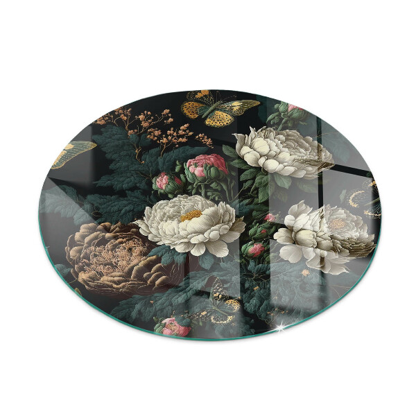 Glass hearth pad round Floral pattern with butterflies
