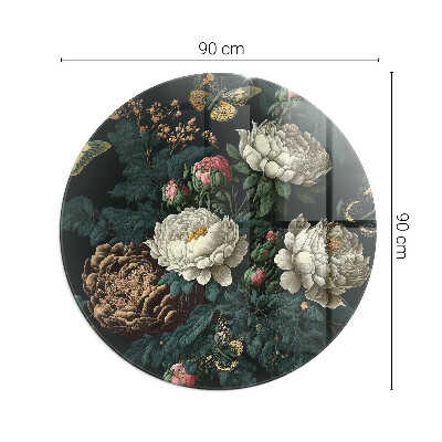 Glass hearth pad round Floral pattern with butterflies