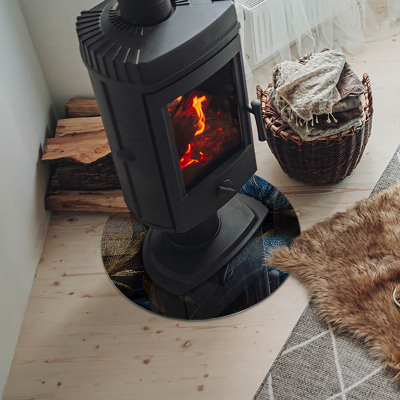 Glass hearth for stove round Elegant leaves in texture