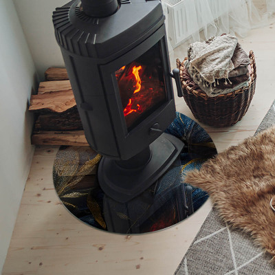 Glass hearth for stove round Elegant leaves in texture
