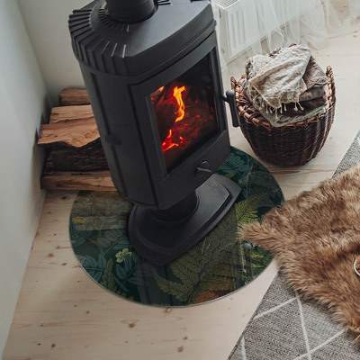 Glass hearth for stove round Plant motifs with butterflies