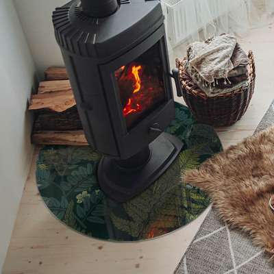 Glass hearth for stove round Plant motifs with butterflies