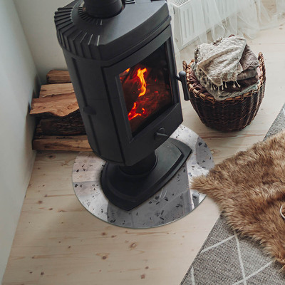 Glass hearth for stove round Stone pattern with particles