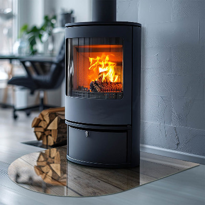 Glass hearth for log burner Wooden board in arrangement