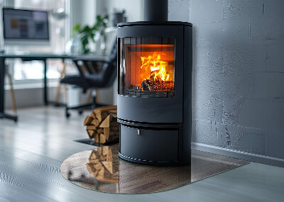 Glass hearth for log burner Wooden board in arrangement