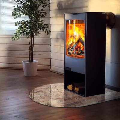 Glass hearth for log burner Wooden board in arrangement