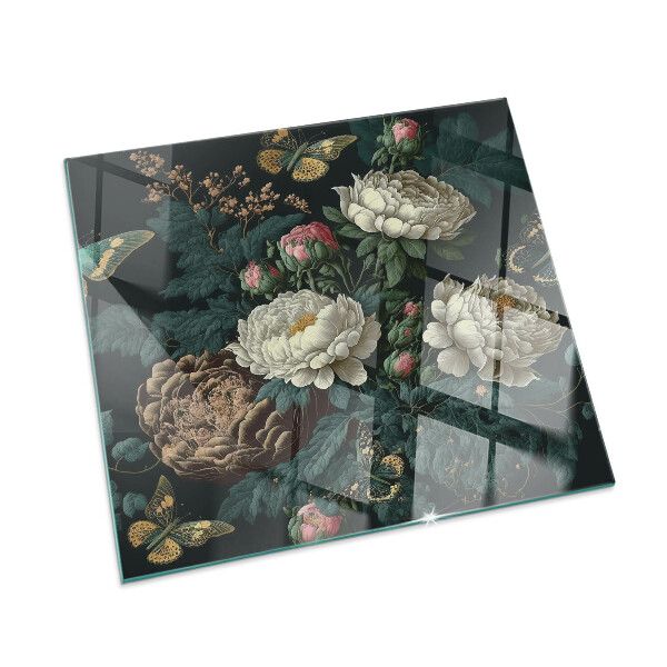 Corner glass hearth rectangular Floral pattern with butterflies