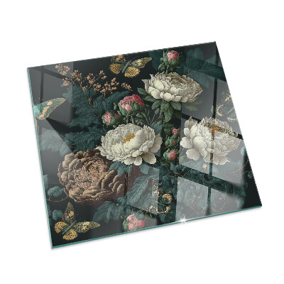 Corner glass hearth rectangular Floral pattern with butterflies