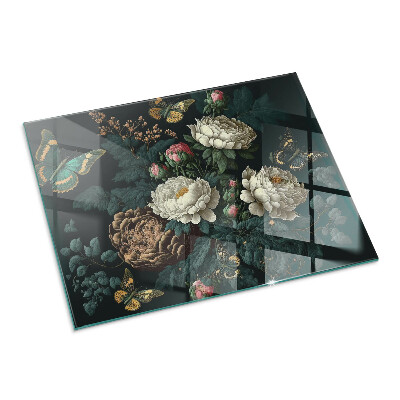 Corner glass hearth rectangular Floral pattern with butterflies