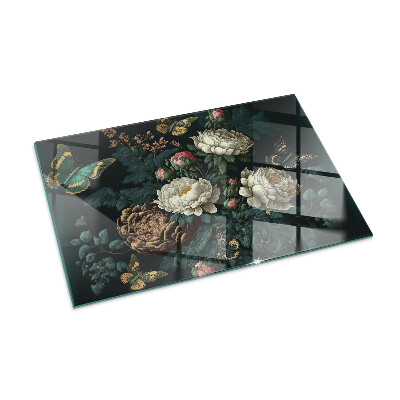 Corner glass hearth rectangular Floral pattern with butterflies