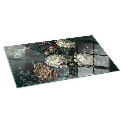 Corner glass hearth rectangular Floral pattern with butterflies