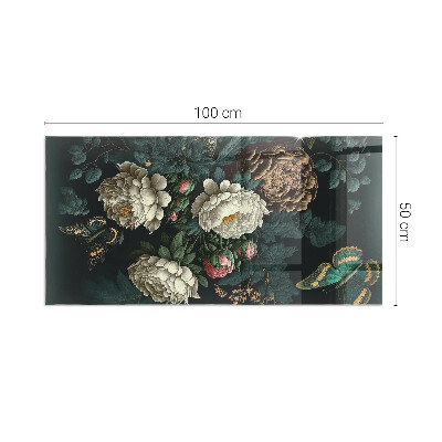 Corner glass hearth rectangular Floral pattern with butterflies