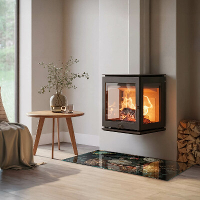 Corner glass hearth rectangular Floral pattern with butterflies