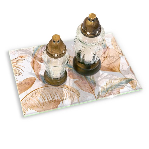 Grave candle coaster decorative Boho feathers and leaves