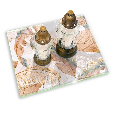 Grave candle coaster decorative Boho feathers and leaves