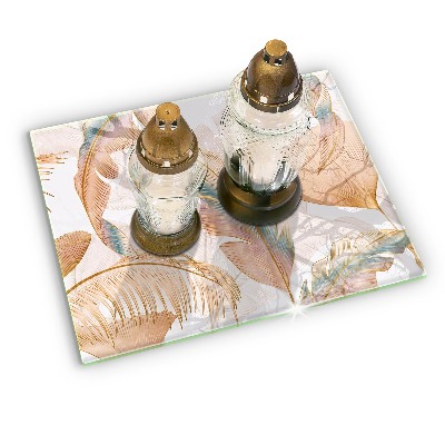 Grave candle coaster decorative Boho feathers and leaves