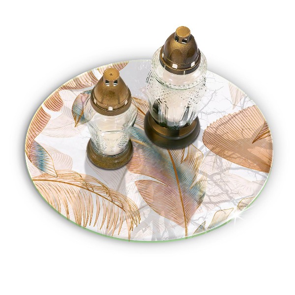 Glass candle plate Boho feathers and leaves