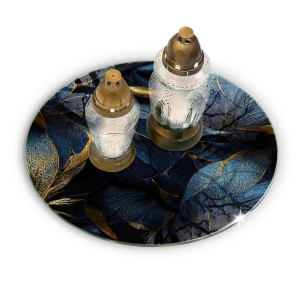Grave candle plate Decorative leaves with gold