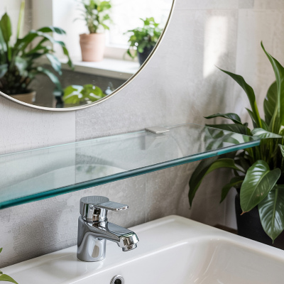 Glass mirror shelf transparent