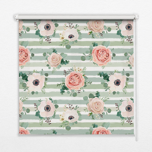 Roller blind for window Roses on green horizontal stripes