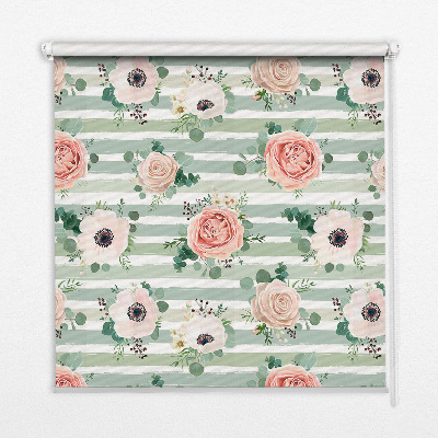 Roller blind for window Roses on green horizontal stripes