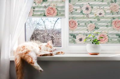 Roller blind for window Roses on green horizontal stripes