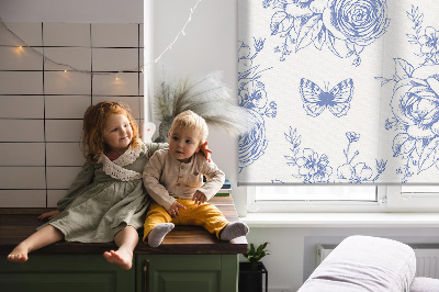 Roller blind Blue flowers and butterflies