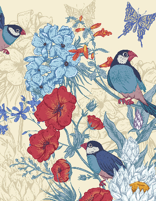 Roller blind Birds among flowers