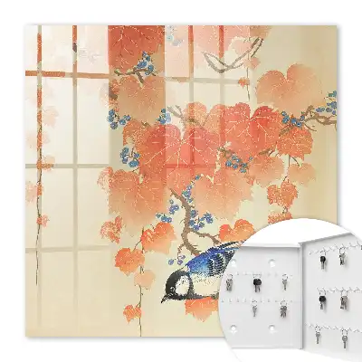 Wall mounted key box Bird and autumn leaves