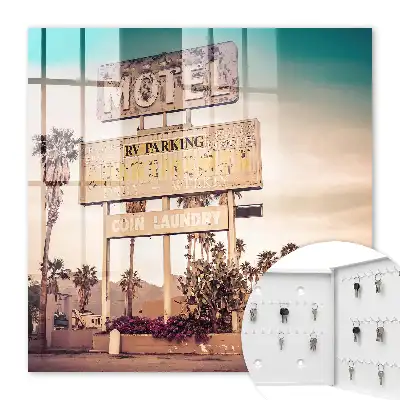 Decorative key box Retro motel with palm trees in the background