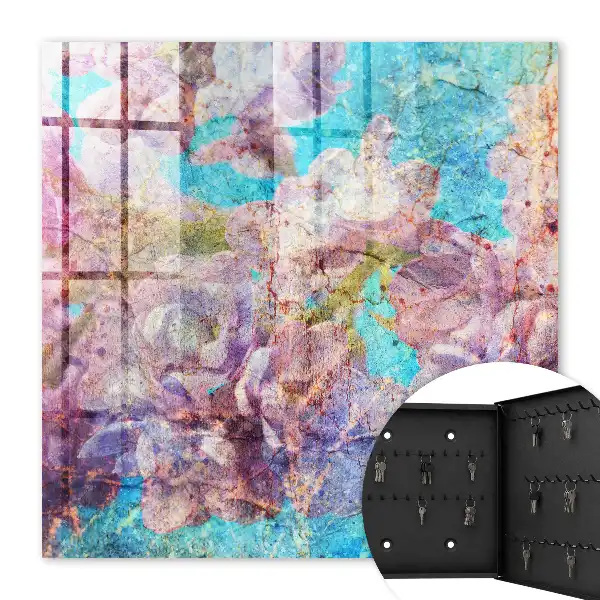 Wall mounted key box Colorful flowers in blue background