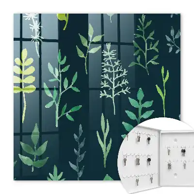 Wall mounted key box Watercolor leaves in a dark background