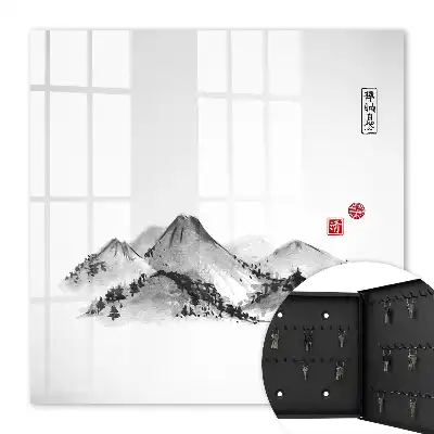 Wall mounted key box Japanese mountains with red accents