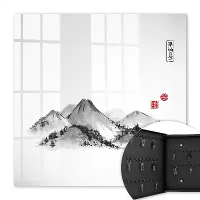Wall mounted key box Japanese mountains with red accents
