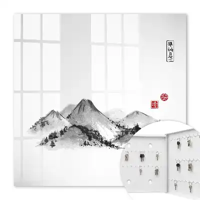 Wall mounted key box Japanese mountains with red accents