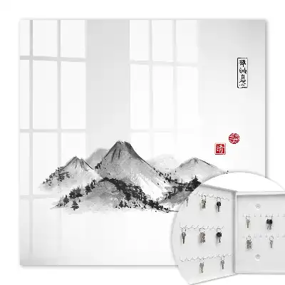 Wall mounted key box Japanese mountains with red accents