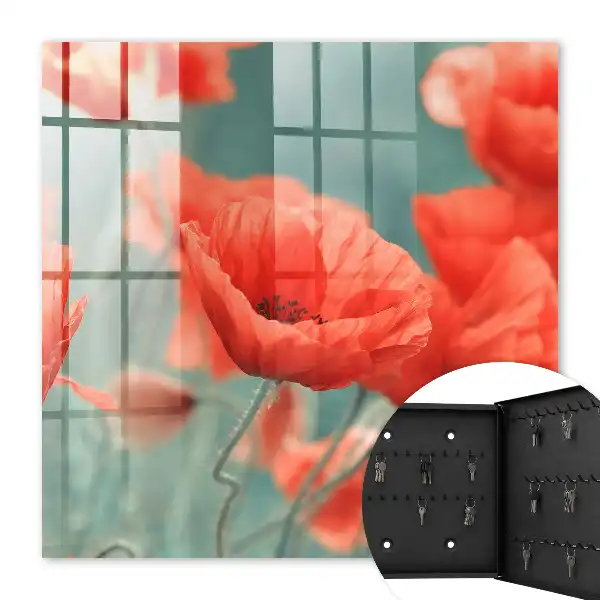 Wall mounted key cabinet Red poppies with green in the background