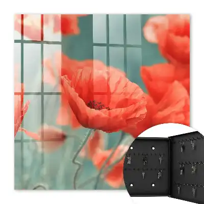 Wall mounted key cabinet Red poppies with green in the background