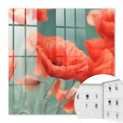 Wall mounted key cabinet Red poppies with green in the background
