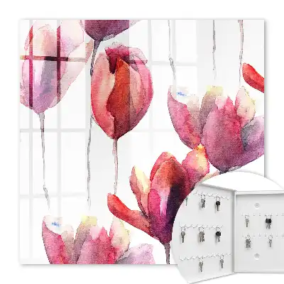 Wall mounted key cabinet Tulips in red and pink