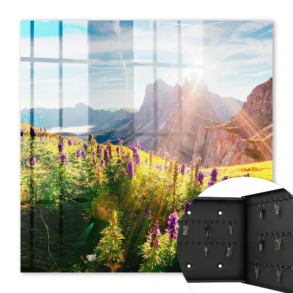 Wall mounted key cabinet A mountain idyll with flowers and sun