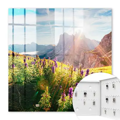Wall mounted key cabinet A mountain idyll with flowers and sun