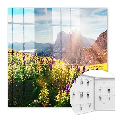 Wall mounted key cabinet A mountain idyll with flowers and sun