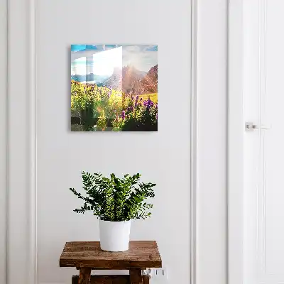 Wall mounted key cabinet A mountain idyll with flowers and sun